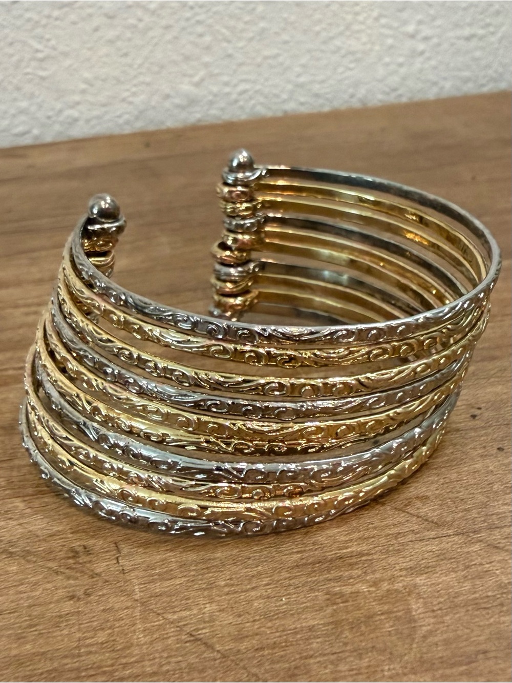 Vintage Two Tone Gold Silver Multi Strand Etched Open Cuff Statement Bracelet
